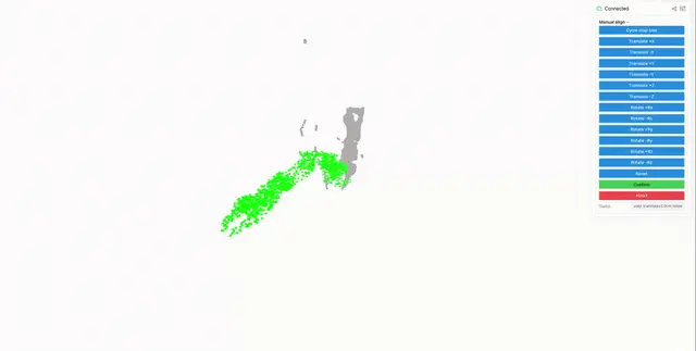 Camera-to-robot calibration: a masked robot point cloud aligned to the URDF mesh