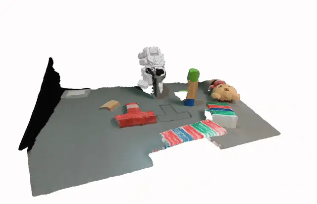 LeRobot 3D viewer showing fused point clouds of SO101 arms during teleoperation